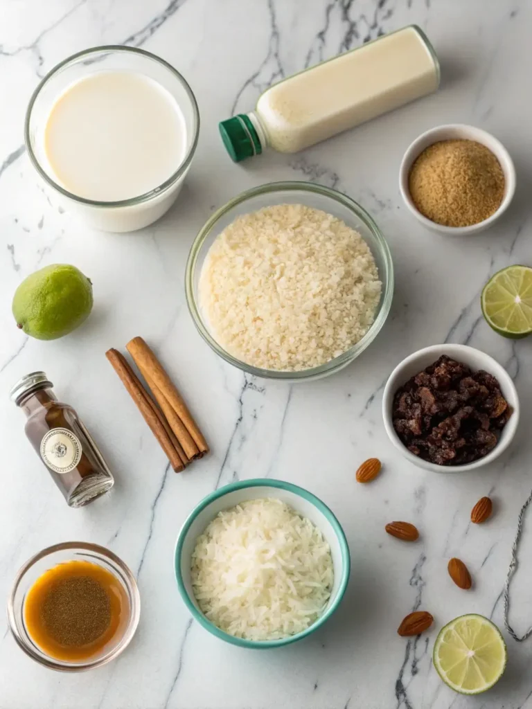Flat-lay arrangement of arroz con leche ingredients including rice, milks, cinnamon, and vanilla on a marble surface.