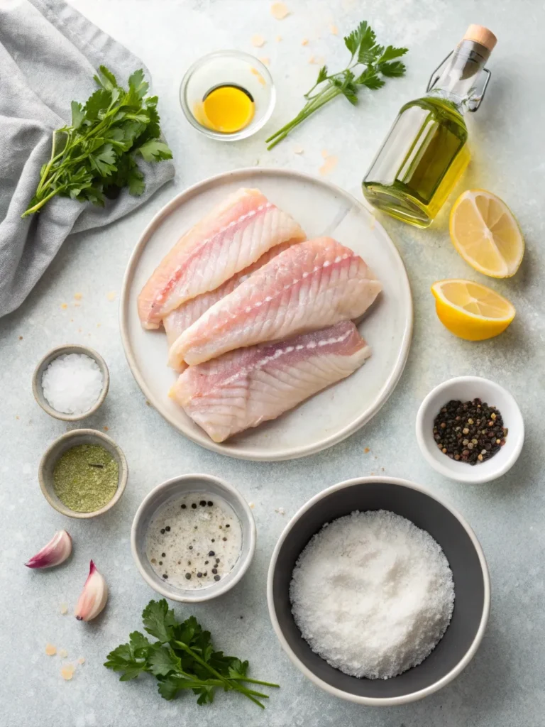 Flat lay of fresh ingredients for rockfish recipe: fillets, salt, pepper, Old Bay, flour, olive oil, butter, shallot, white wine, lemon, capers, parsley.