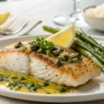 Close-up of golden pan-seared rockfish fillet with lemon caper sauce and fresh parsley on a white plate with asparagus.