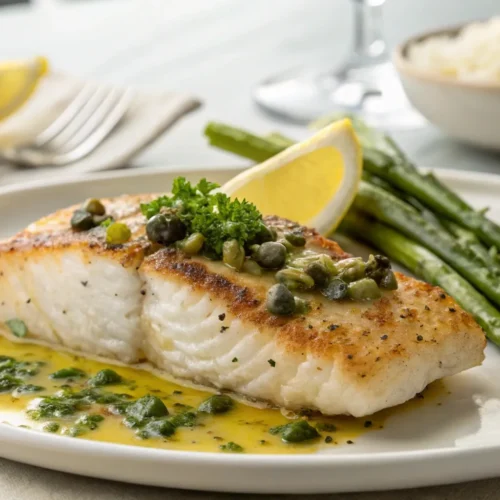 Close-up of golden pan-seared rockfish fillet with lemon caper sauce and fresh parsley on a white plate with asparagus.