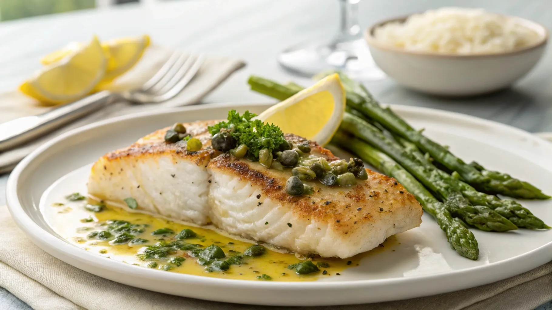 Close-up of golden pan-seared rockfish fillet with lemon caper sauce and fresh parsley on a white plate with asparagus.