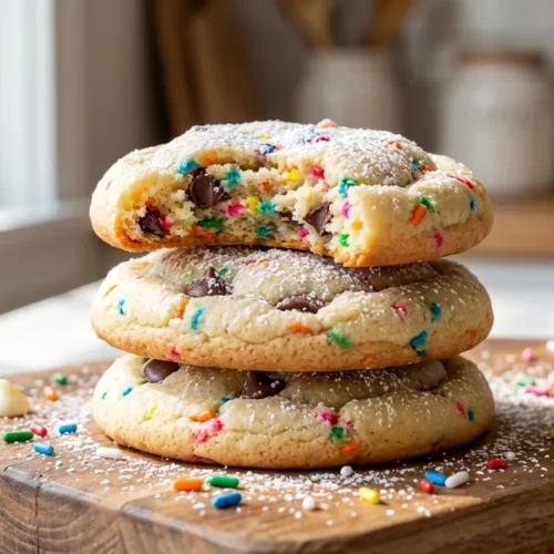 Stack of three golden cake cookies with sprinkles and chocolate chips, one with a bite taken out, on a wooden board.