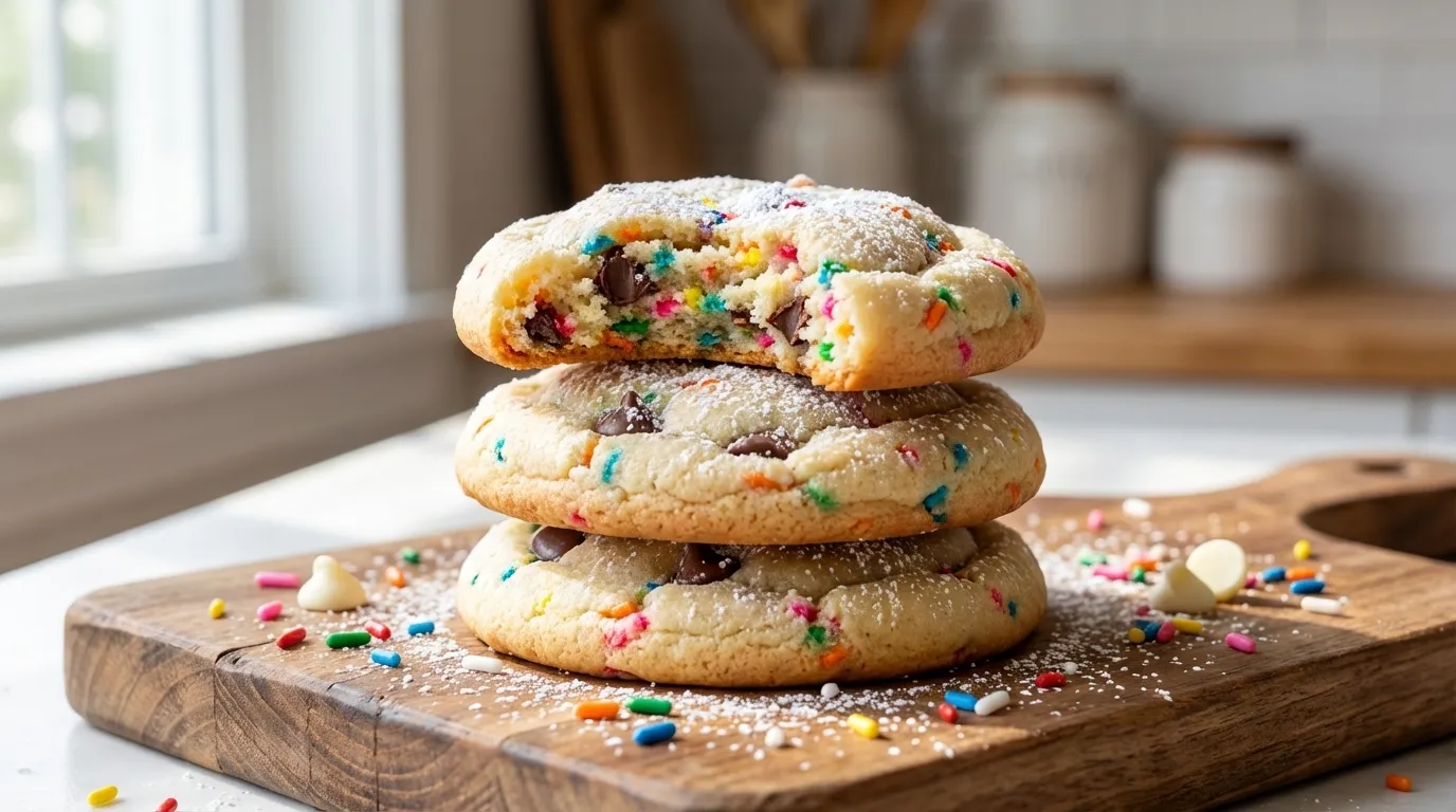 Stack of three golden cake cookies with sprinkles and chocolate chips, one with a bite taken out, on a wooden board.