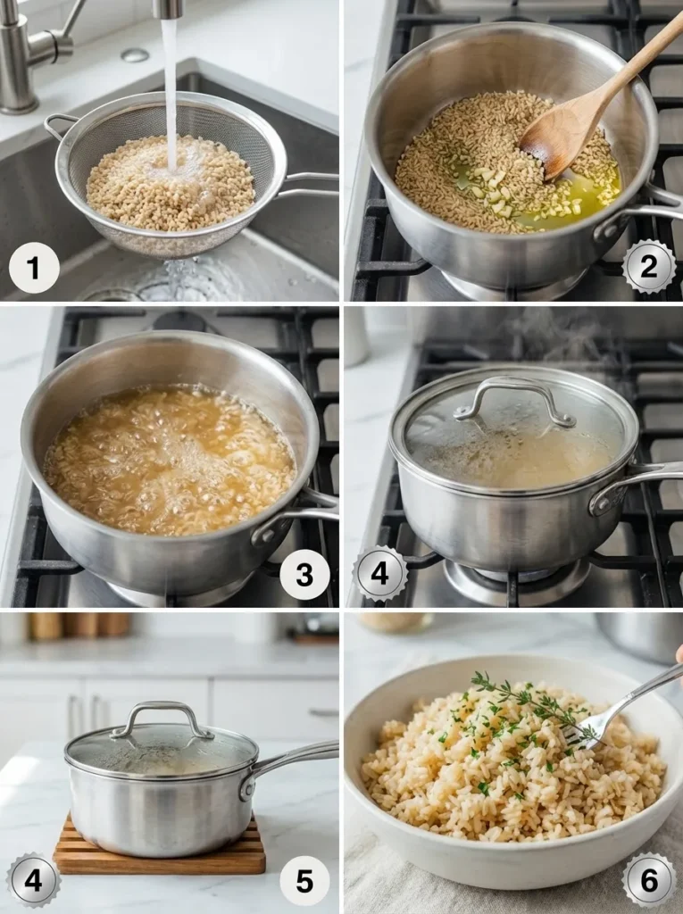 Collage showing six sequential steps for cooking brown rice: rinsing, toasting, boiling, simmering, resting, and fluffing, each numbered.