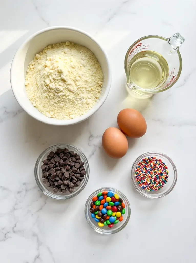Flat lay of cake cookies ingredients: dry cake mix, eggs, vegetable oil, chocolate chips, sprinkles, M&Ms.