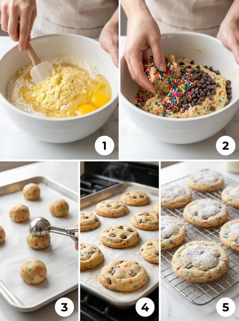 Sequential collage showing 5 steps to make cake cookies: mixing, adding mix-ins, scooping, baking, and cooling.