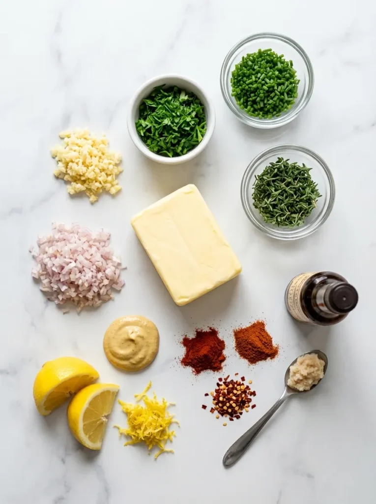 Overhead shot of all fresh ingredients for cowboy butter, including softened butter, minced garlic, shallots, fresh herbs, Dijon, lemon, and spices, arranged on a rustic cutting board.