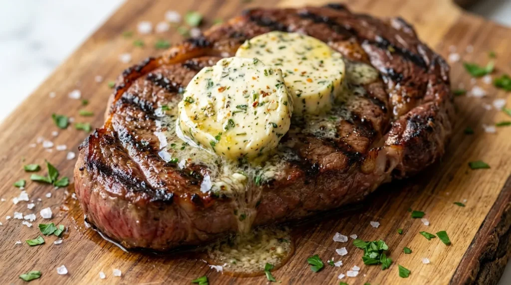 Slices of golden cowboy butter melting on a perfectly seared, medium-rare steak, garnished with fresh parsley and chives on a rustic cutting board.