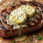 Slices of golden cowboy butter melting on a perfectly seared, medium-rare steak, garnished with fresh parsley and chives on a rustic cutting board.