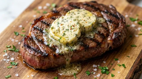 Slices of golden cowboy butter melting on a perfectly seared, medium-rare steak, garnished with fresh parsley and chives on a rustic cutting board.
