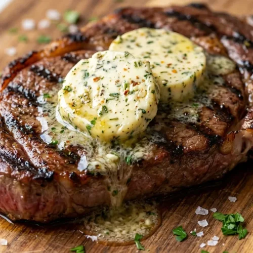 Slices of golden cowboy butter melting on a perfectly seared, medium-rare steak, garnished with fresh parsley and chives on a rustic cutting board.