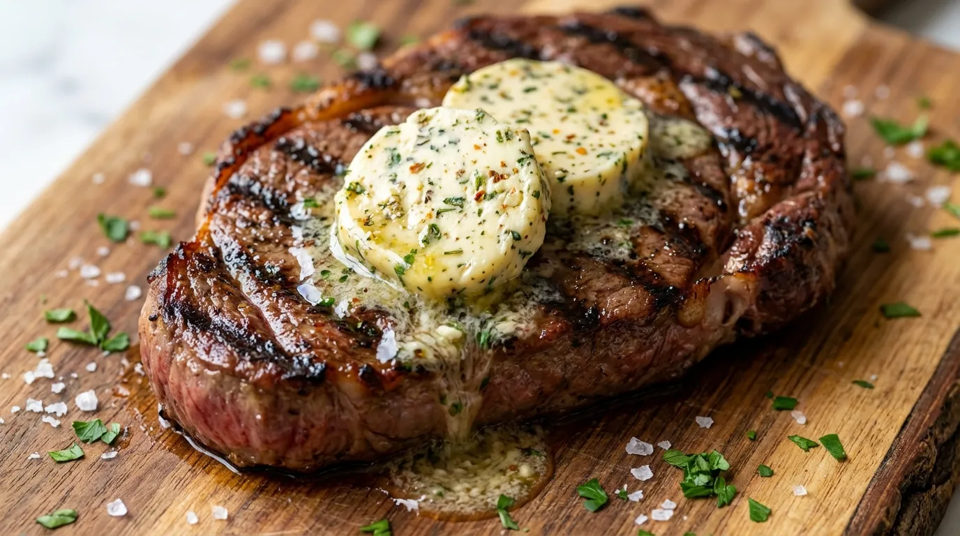 Slices of golden cowboy butter melting on a perfectly seared, medium-rare steak, garnished with fresh parsley and chives on a rustic cutting board.