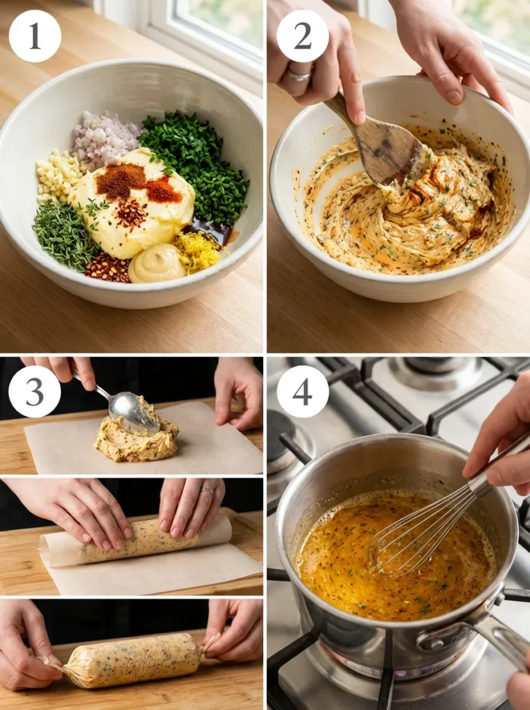 A four-panel collage showing the steps of making cowboy butter: combining ingredients, mixing until smooth, rolling into a log, and melting for dipping sauce, with clear step numbers 1 through 4.
