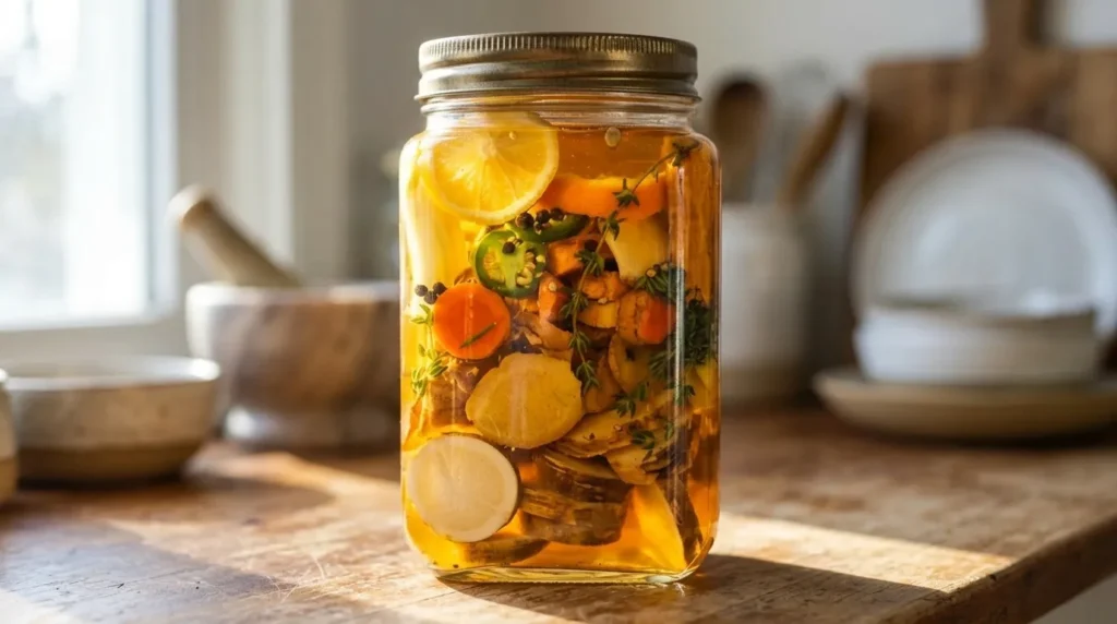 A large glass jar filled with layers of citrus, ginger, turmeric, and apple cider vinegar on a wooden countertop.