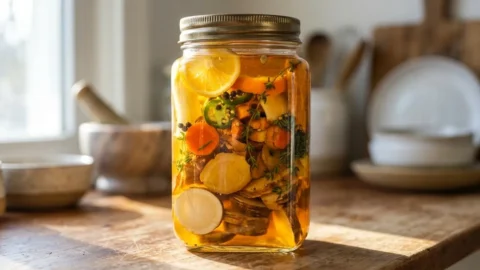 A large glass jar filled with layers of citrus, ginger, turmeric, and apple cider vinegar on a wooden countertop.