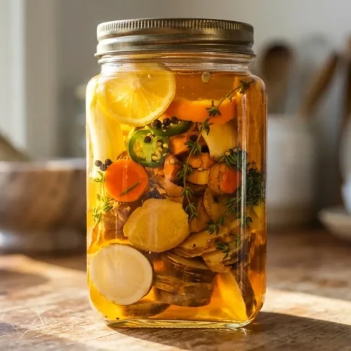 A large glass jar filled with layers of citrus, ginger, turmeric, and apple cider vinegar on a wooden countertop.