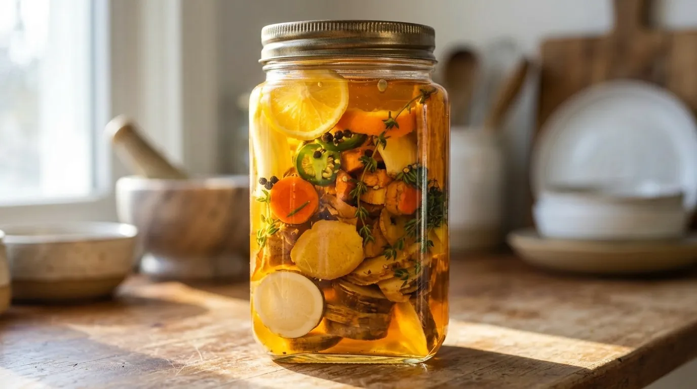 A large glass jar filled with layers of citrus, ginger, turmeric, and apple cider vinegar on a wooden countertop.