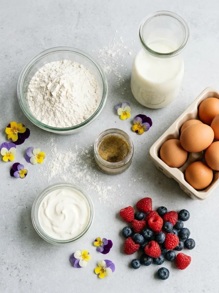 Top-down view of baking ingredients including flour, buttermilk, eggs, vanilla paste, and berries arranged neatly.
