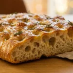 A close-up shot of a thick, golden sourdough focaccia bread with deep dimples, fresh rosemary, and sea salt on a wooden board.