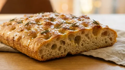 A close-up shot of a thick, golden sourdough focaccia bread with deep dimples, fresh rosemary, and sea salt on a wooden board.