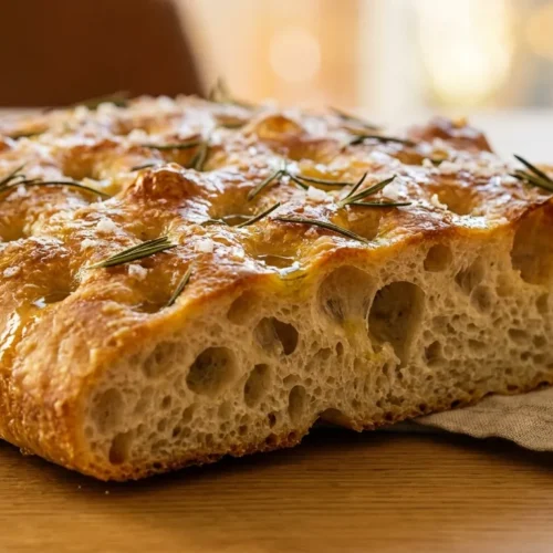 A close-up shot of a thick, golden sourdough focaccia bread with deep dimples, fresh rosemary, and sea salt on a wooden board.