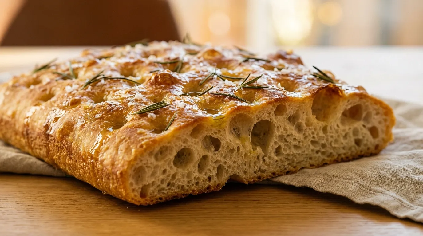 A close-up shot of a thick, golden sourdough focaccia bread with deep dimples, fresh rosemary, and sea salt on a wooden board.