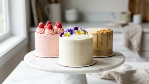 Three beautifully decorated mini cakes with pink frosting, raspberries, and edible flowers on a marble stand.