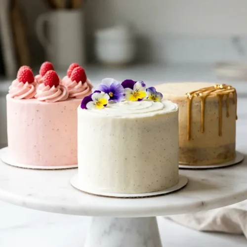 Three beautifully decorated mini cakes with pink frosting, raspberries, and edible flowers on a marble stand.