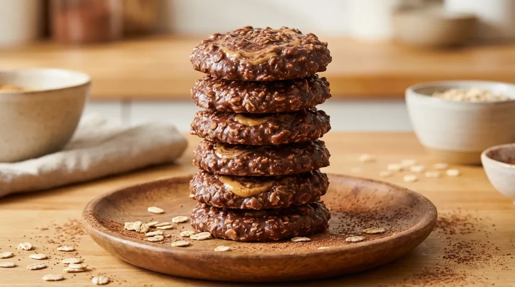 Stack of homemade no bake chocolate peanut butter oat cookies on a rustic plate.