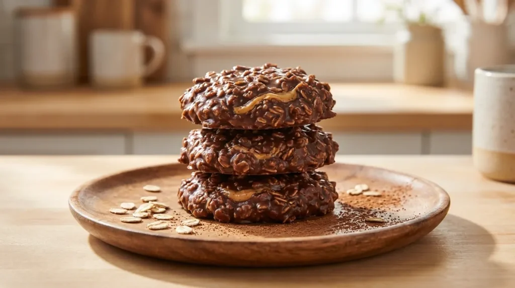Stack of homemade no bake chocolate peanut butter oat cookies on a rustic plate.