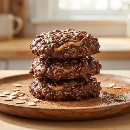 Stack of homemade no bake chocolate peanut butter oat cookies on a rustic plate.