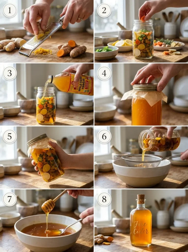 A 8-step visual guide showing the process of making fire cider from preparation to bottling.