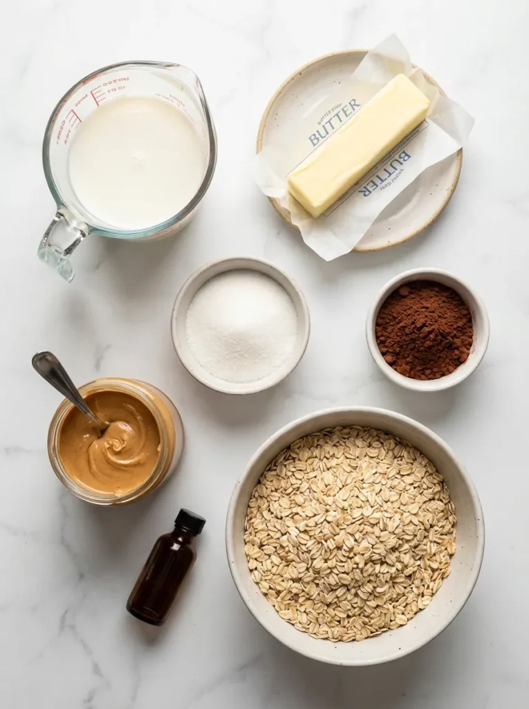 Overhead flat lay of all ingredients for no bake cookies: sugar, butter, milk, cocoa, peanut butter, vanilla, and oats.