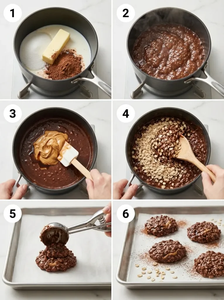 Six-panel collage showing the step-by-step process of making no bake chocolate peanut butter oat cookies.