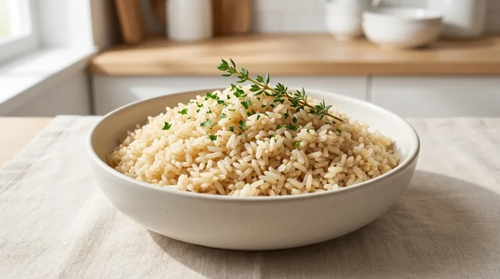 A ceramic bowl filled with perfectly cooked, fluffy brown rice, garnished with a sprig of fresh thyme, on a light linen tablecloth.