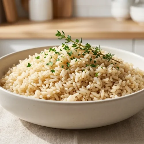 A ceramic bowl filled with perfectly cooked, fluffy brown rice, garnished with a sprig of fresh thyme, on a light linen tablecloth.