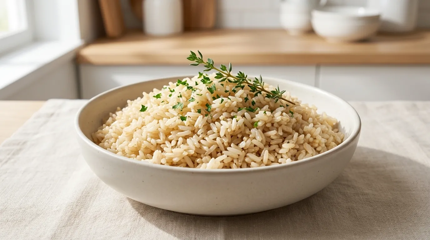 A ceramic bowl filled with perfectly cooked, fluffy brown rice, garnished with a sprig of fresh thyme, on a light linen tablecloth.