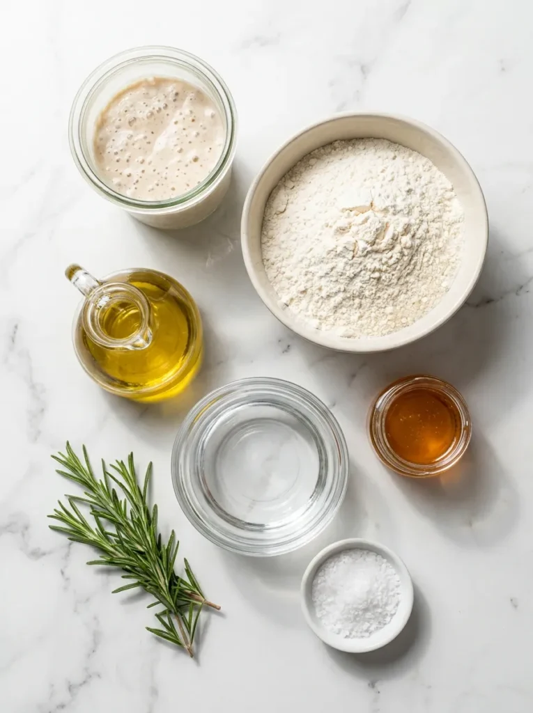 A collection of ingredients including sourdough starter, flour, olive oil, honey, and rosemary arranged on a marble countertop.