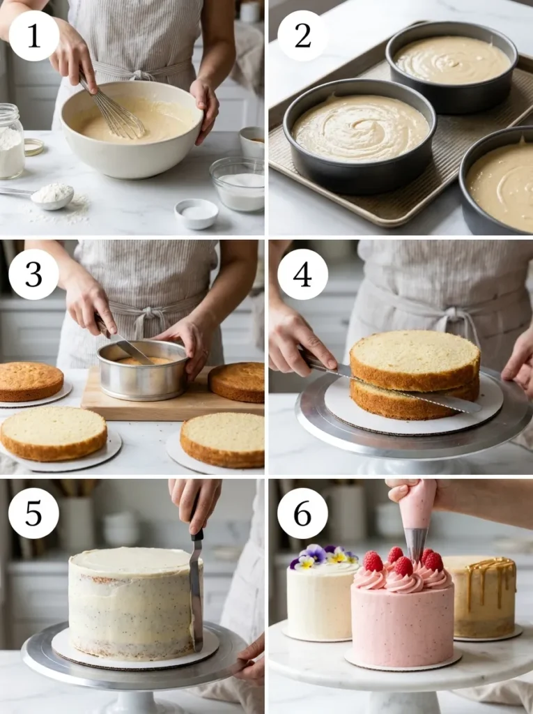 A grid of six numbered photos showing the process of making mini cakes from mixing batter to final decoration.