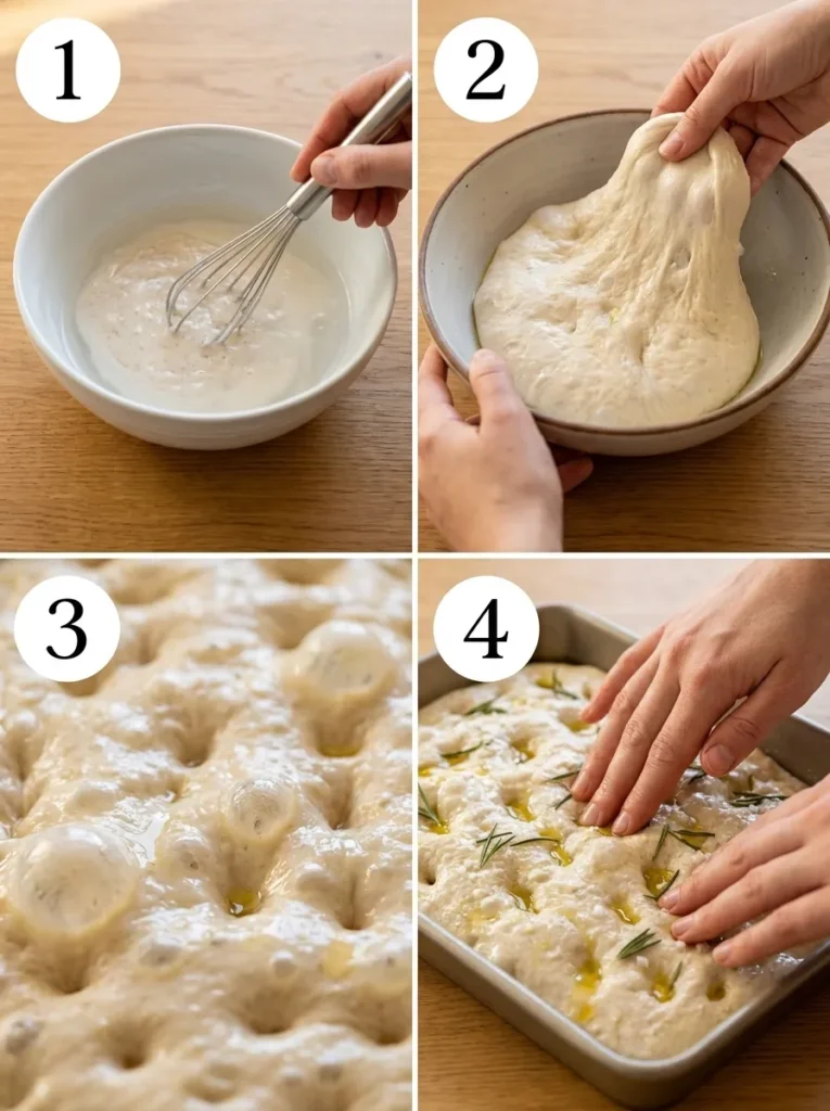A four-panel grid showing the process of making sourdough focaccia, from mixing to dimpling the dough.