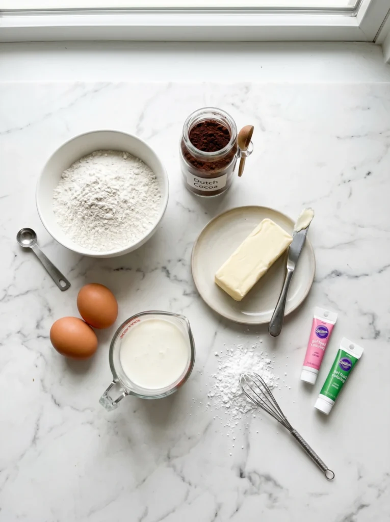 Overhead view of baking ingredients including flour, cocoa powder, eggs, buttermilk, and food coloring on a white surface.