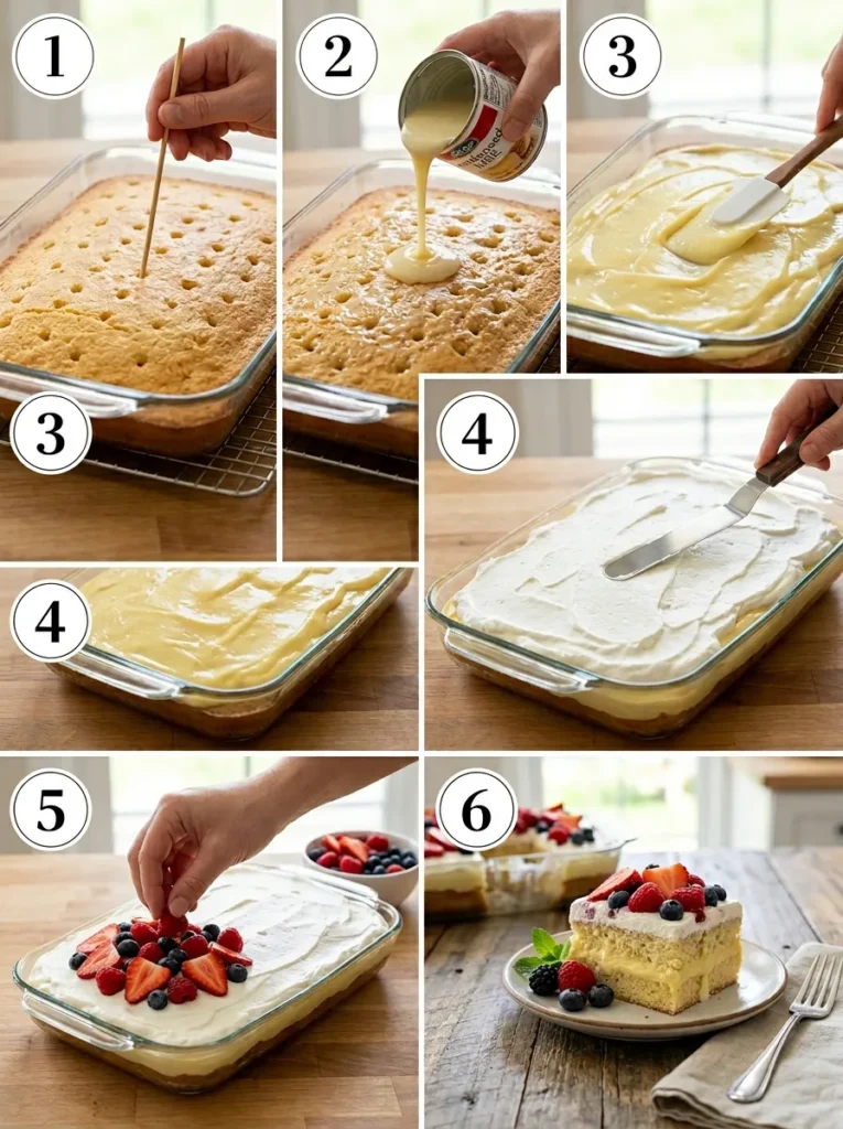 A 6-step collage showing the process of making a lemon poke cake, from poking holes to the final berry topping.