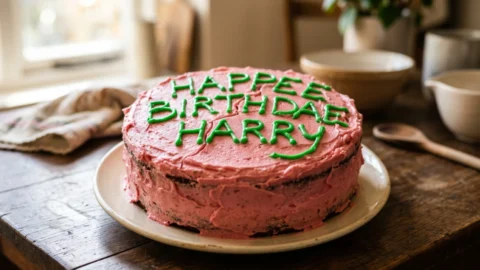 A pink frosted chocolate cake with green writing that says Happee Birthdae Harry, styled to look like Hagrid's cake from the movie.