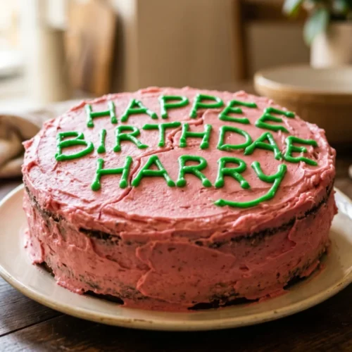 A pink frosted chocolate cake with green writing that says Happee Birthdae Harry, styled to look like Hagrid's cake from the movie.