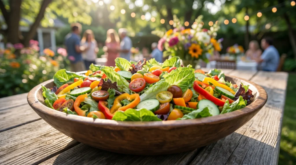An abundant, colorful summer salad in a large wooden bowl on an outdoor wooden table under natural sunlight.