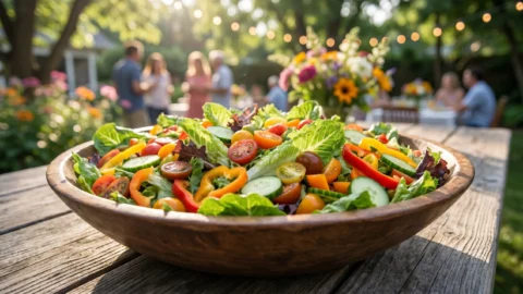 An abundant, colorful summer salad in a large wooden bowl on an outdoor wooden table under natural sunlight.