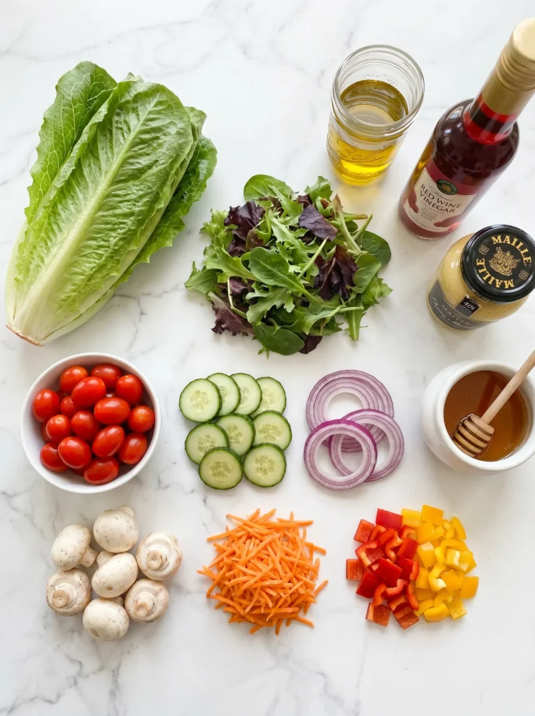 A flat-lay arrangement of fresh vegetables, lettuce, and homemade dressing ingredients on a white marble surface.