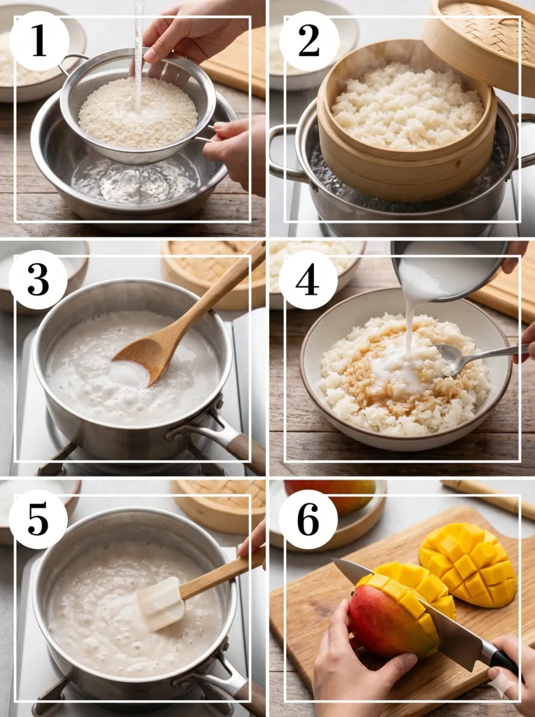 A 6-panel collage showing the sequence of making mango sticky rice from washing rice to slicing mangoes, with numbered steps.