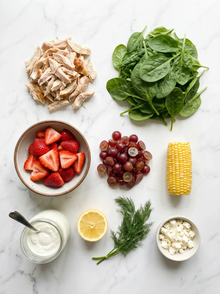 An overhead view of fresh ingredients for chicken salad including spinach, strawberries, grapes, chicken, and Greek yogurt dressing components.