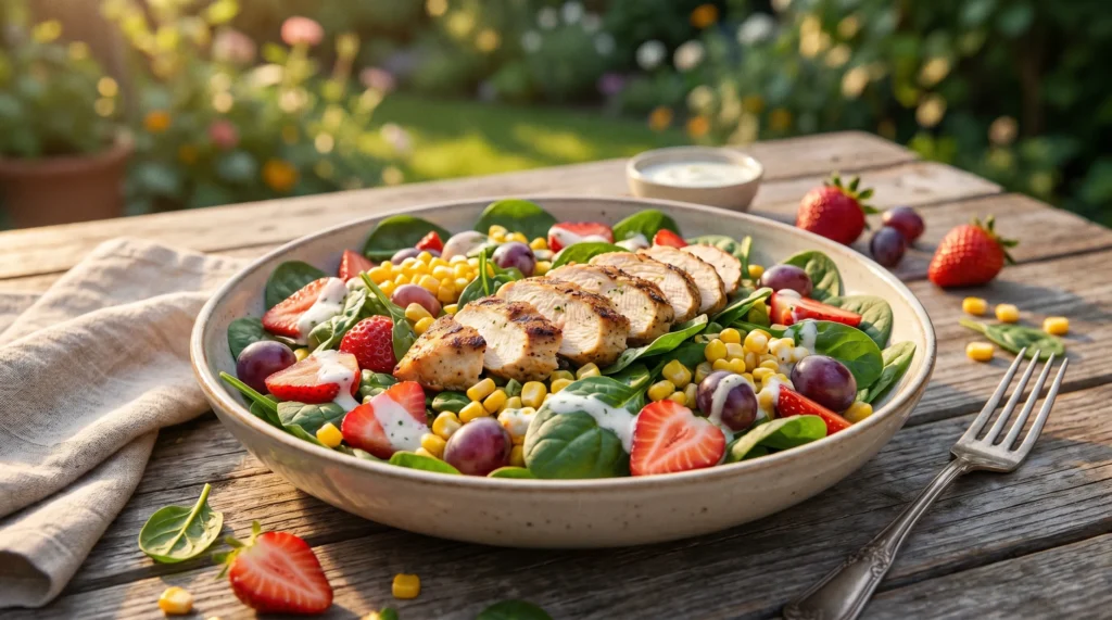 A vibrant summer salad with grilled chicken, fresh strawberries, grapes, and corn in a white bowl on an outdoor table.